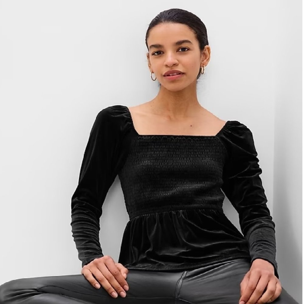 GAP Black Velvet Square-Neck Smocked Peplum Top
